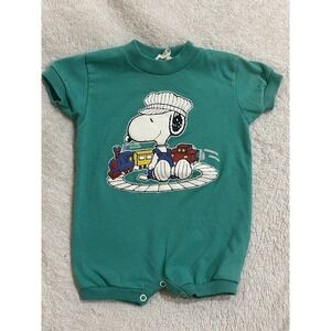 Vtg Peanuts Snoopy Train Green Romper One Piece 3/6 Months Summer